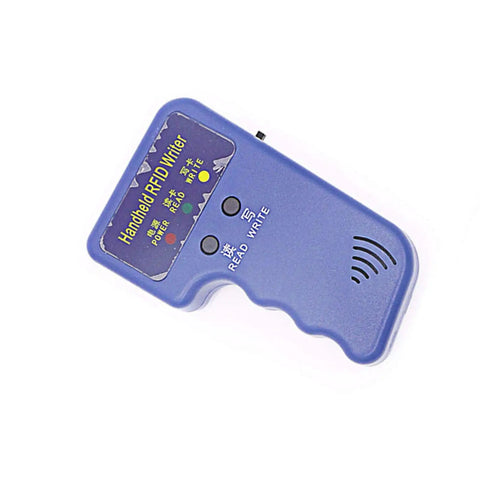 Blue handheld RFID copier for T5577 and EM4305 cards, showing buttons and label details. Handheld 125KHz RFID Copier And Card Duplicator For T5577 EM4305 Includes 5 T5577 Keychains And 5 T5577 Cards Portable 125KHz Cloner And Writer For Quick Dups.