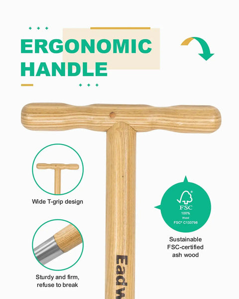 Long Handled Bulb Planter Tool With Depth Marker And Sharp Teeth For Tulips Daffodils And Other Flowers Easy Knee Free Transplanter showing ergonomic FSC-certified ash wood handle.