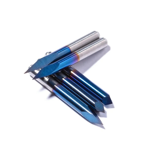Triangular CNC Router Bit Set 0.1mm V-Bits With Nano Blue Coating And Sharp Pyramid Tips, 1/8 Inch Shank, 20/30/45/60/90 Degree Engraving Bits