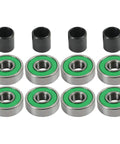 Set of 8 ABEC 7 Bearings for skateboards with 4 spacers, pre-lubricated and gas-washed surfaces, friction-free rubber shields