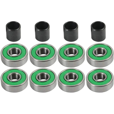 Set of 8 ABEC 7 Bearings for skateboards with 4 spacers, pre-lubricated and gas-washed surfaces, friction-free rubber shields