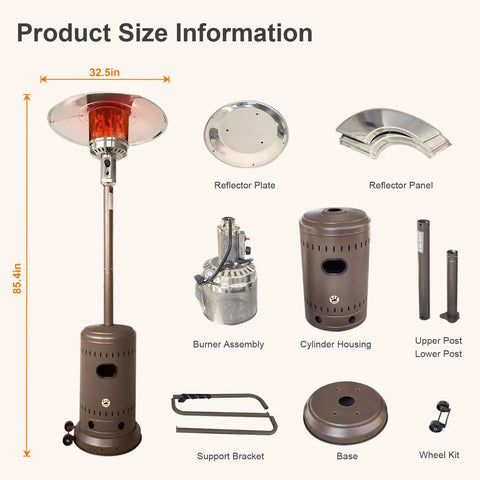 46,000 BTU Outdoor Propane Patio Heater With Wheels For Commercial And Residential Use, detailed component view, Havana Bronze Finish