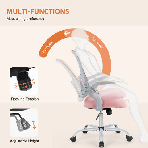Ergonomic Mesh Office Chair For Home With Mid Back Support Rolling Swivel Desk Chair Lumbar Comfort Comfy Flip Up Arms Pink
