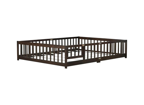 Queen Size Rubber Wood Bed Frame With Safety Guardrails And Door, Heavy Duty Floor Bed Foundation Supports Up To 500 Lbs No Box Spring Needed Durable Guard Rails For Safe Sleep. Top angled view.