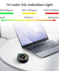 Spot On Portable Carbon Dioxide Detector With Advanced NDIR Sensor And Crisp LCD Display on a table next to a laptop showing CO2 levels.