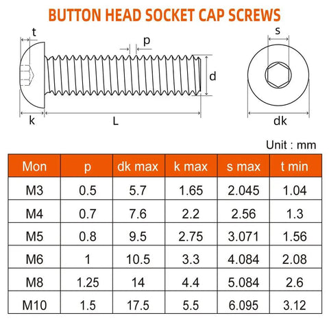Diagram showing dimensions of Badass M5 By 8mm Button Head Hex Socket Cap Screws 10.9 Grade Alloy Steel.