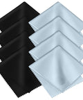 Eight-pack Amazon microfiber cleaning cloths, black and light blue, lint-free for glasses and screens.