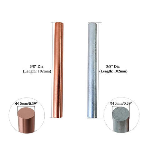 Two Pieces 99.995 Percent Pure Copper And Zinc Rods, 3 Eighths Inch Diameter by 4 Inches Long, bare metal bars image
