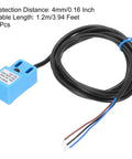 Blue inductive proximity sensor with black cable, showing detection distance and cable length, SN04-N model for automation.