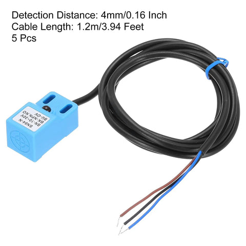 Blue inductive proximity sensor with black cable, showing detection distance and cable length, SN04-N model for automation.