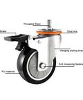 Close-up of heavy duty caster wheel with brake, threaded stem, and PU material for furniture, workbench, and cart.