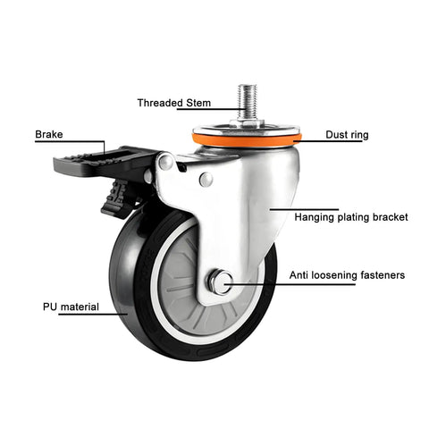 Close-up of heavy duty caster wheel with brake, threaded stem, and PU material for furniture, workbench, and cart.