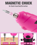 Cordless Electric Screwdriver Set With LED Light And Flexible Shaft showing magnetic chuck feature, pink handle, and directions