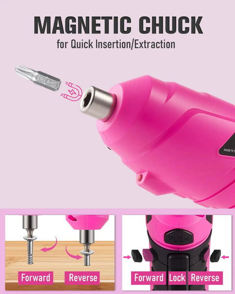 Cordless Electric Screwdriver Set With LED Light And Flexible Shaft showing magnetic chuck feature, pink handle, and directions