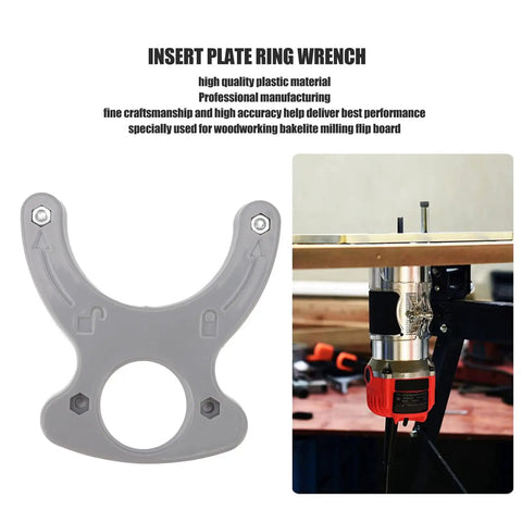 Two Piece Router Table Insert Plate Wrench Portable Plastic Ring Adjuster Tool For Precision Woodworking, gray plastic tool for securing bits.