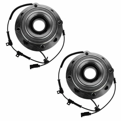 Two Piece Front Wheel Hub And Bearing Set For Four Wheel Drive Vehicles Direct Fit Bolt In For Easy Install Left And Right Front Sides With Premium Tapered Roller Bearings Hub Assembly BHA53737 To Replace Worn Hubs And Restore Smooth Steering; close-up of two steel hubs with wiring.