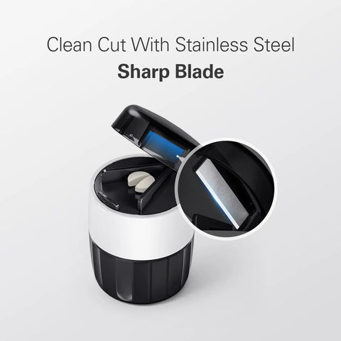 3 In 1 Pill Crusher And Cutter With Stainless Steel Grinding Head And Storage, showing sharp blade detail and pill compartment