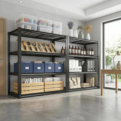 Beefy 4 Tier Heavy Duty Metal Storage Shelving Unit With 2240 Lbs Total Load Capacity in garage setting, loaded with items