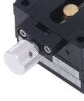XY Linear Stage 40x40mm Aluminum Manual Precision Slide Platform, close-up of 0.5mm per turn knob and ruler markings.