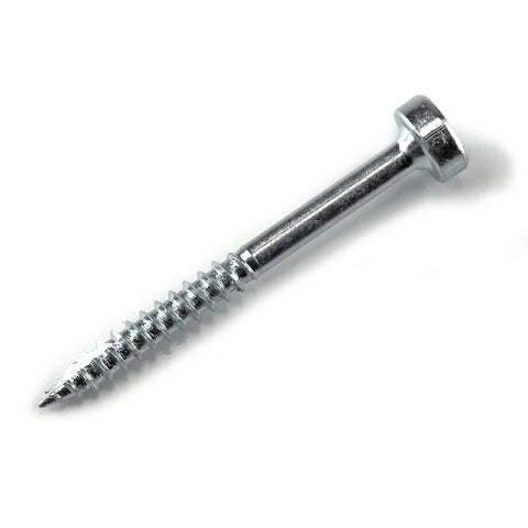 Pocket Hole Screws One And One Half Inch Fine Thread Zinc Pan Head For Woodworking And Cabinetry Indoor Use 500 Count Pack Built To Last For Hardwood And Heavy Duty Hold, close-up of single screw
