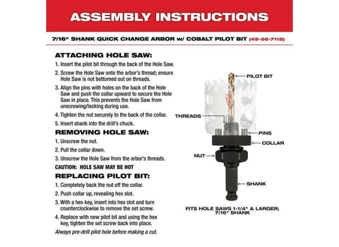 Milwaukee 13-piece Hole Dozer hole saw kit assembly diagram showing arbor, pilot bit and shank