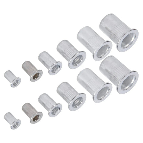 Aluminum Rivet Nuts Set With Flat Head And Anti Rust Finish, shown in various sizes for threaded inserts.