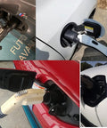 Top Shelf Plug And Play Type 1 To Type 2 EV Charger Adapter 32A in use with various electric vehicle charging ports.