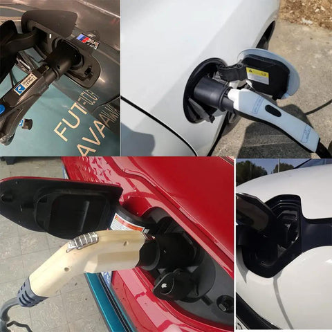 Top Shelf Plug And Play Type 1 To Type 2 EV Charger Adapter 32A in use with various electric vehicle charging ports.