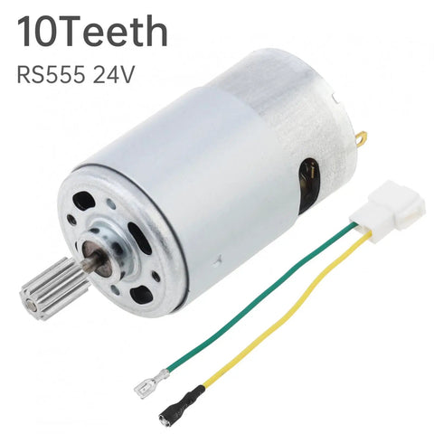 Beefed Up 24V 40000 RPM High Speed DC Motor With Fine 10 Teeth Gear Upgrade For Ride On Cars And Remote Control SUVs Powerful Electric Motor Replacement For Fast Hobby Rigs showing RS555 model and 10-tooth gear