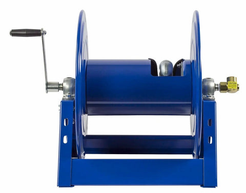 Front view of Heavy Duty Hand Crank Steel Hose Reel 1125-4-200 Series, Built Tough 1/2 Inch By 200 Feet, 3000 PSI, All Welded Steel A Frame, Blue