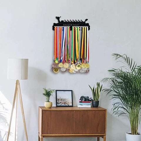 Dragon Boat Medal Display Hanger Wall Mount Holds 60 Plus Medals Metal Rack For Athletes Men With Tiered Ribbon Holder Sports Awards Rack Epic Dragon Boat Festival Gift Personalize Name Plate