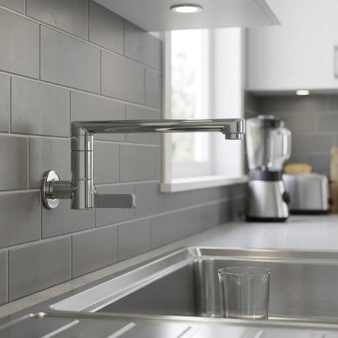 Wall Mounted Extended Kitchen Faucet Cold Only Rotatable Spout 304 Stainless Steel Single Lever for Mop Pool Utility Sink Silver(25cm) installed in modern kitchen.