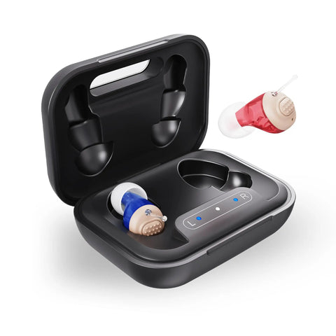 Advanced Noise Canceling Hearing Aids For Adults And Seniors With Easy Volume Control And Ultra Discreet Ergonomic Design Plus Portable Charging Case For Crisper Conversations In Crowded Places in black case