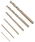 Cobalt drill bit set, 6 pieces with round shanks and 135° split point for stainless and hardened steel (front view)