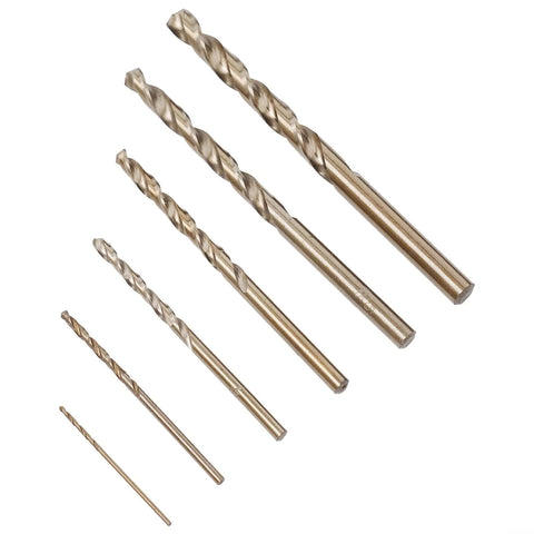 Cobalt drill bit set, 6 pieces with round shanks and 135° split point for stainless and hardened steel (front view)