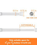 Two Pack Ultra Slim Tension Curtain Rods 5.25 To 7.5 Inches Adjustable No Drill No Tools Required For Narrow Windows and Cupboard Dividers White Ideal For Tiny Spaces Quick Install In Seconds with coin comparison for size.