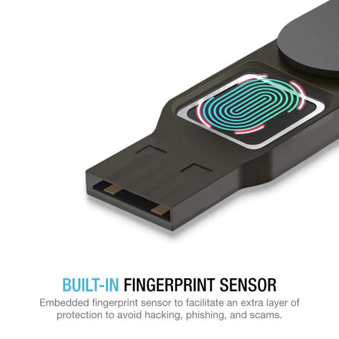 Close-up of FIDO2 Fingerprint USB A Security Key For Passwordless Login, Two Factor Authenticator With HOTP And U2F showing fingerprint sensor.