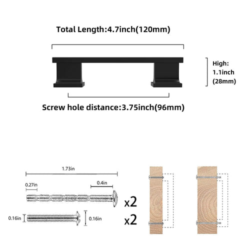 Diagram of Two Pack 3.75 Inch Matte Black Cabinet Pulls for Kitchen Cabinets and Dressers 96mm Hole Centers with dimensions