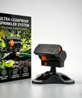 16 Nozzle Oscillating Sprinkler With Dual Zone Water Timer And Automatic Rocking Motion displayed with packaging