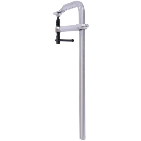 Heavy Duty Drop Forged Steel F Clamps 16 Inch Jaw With 4-75 Inch Throat And 1400 Lb Force vertical view of clamp for woodworking and welding.