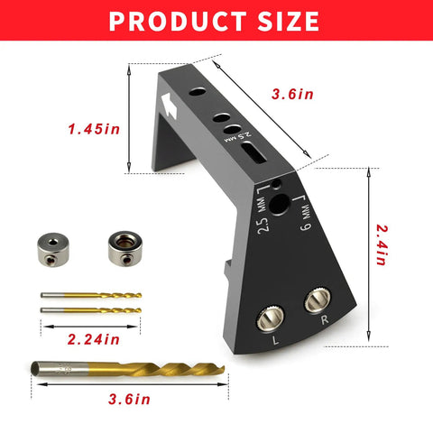 Precision Undermount Drawer Slide Drill Guide Jig With Six Piece Bit Set For Flawless Cabinet Alignment, showing size specifications and included bits.