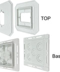 Non-Metallic Universal Siding Mounting Block For Exterior Light Fixtures And Receptacles With Flanges, 6.5 Inch By 6.5 Inch Cover, White, 2 Pack, Built-In Electrical Box For Extra Structural Support, top and base views