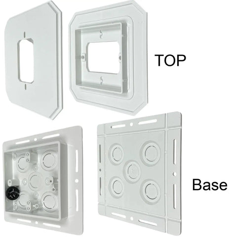 Non-Metallic Universal Siding Mounting Block For Exterior Light Fixtures And Receptacles With Flanges, 6.5 Inch By 6.5 Inch Cover, White, 2 Pack, Built-In Electrical Box For Extra Structural Support, top and base views