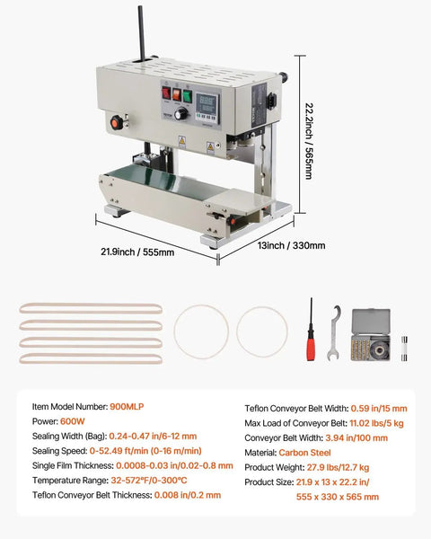 Continuous Band Sealer Machine With Digital Temperature Control 600W Carbon Steel Build dimensions and components
