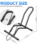 Heavy Duty Indoor Bike Floor Stand Adjustable Single Wheel Rack For Garage Ready Setup Fits 16 To 29 Inch Wheels And Up To Three Point Five Five Inch Tire Width Ideal For Mountain Road BMX And City Bikes shown with measurements