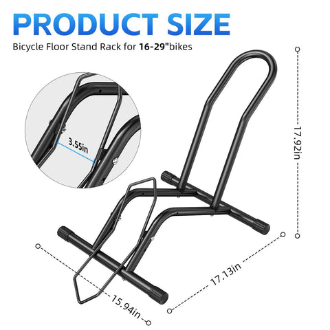 Heavy Duty Indoor Bike Floor Stand Adjustable Single Wheel Rack For Garage Ready Setup Fits 16 To 29 Inch Wheels And Up To Three Point Five Five Inch Tire Width Ideal For Mountain Road BMX And City Bikes shown with measurements