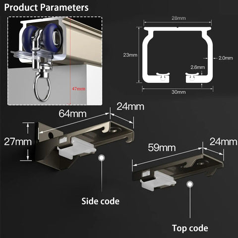 Solid As A Rock Aluminum Sliding Barn Door Rail Kit One Lane Track detail showing smooth rollers and mounting parameters.