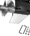 Close-up of Built Like A Tank 316 Stainless Steel Skeg Guard for MerCruiser Alpha One Gen II with propeller and installation kit.