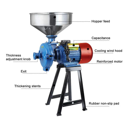 Side view of Beast 3000W Electric Dry Grain Mill Grinder, 110V Workhorse with 150mm disc on sturdy metal frame