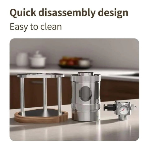 Pneumatic Air Pressure Coffee Machine With Manual Espresso Maker And Cold Brew Brewer Features Adjustable One To Sixteen Bar Hydraulic Gauge, showing quick disassembly parts for easy cleaning.